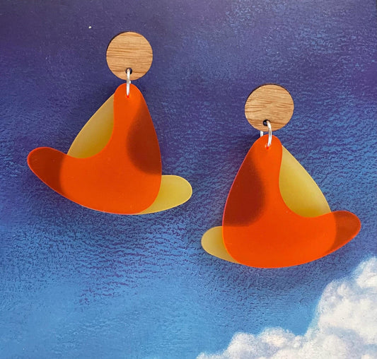 MCM Boomerang Earrings. Orange and Yellow Acrylic. Atomic Motifs. 1960’s style Earrings. Atomic Space Age. Tiki Oasis style. Weekender wear. - Rockabilly Australia Pty Ltd