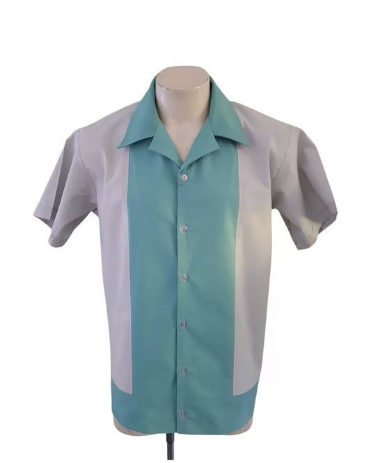 Men’s Lounge Shirt – Grey & Sage Green Panel - Rockabilly Australia Pty Ltd