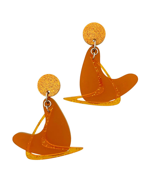 Mid Century Modern Boomerang Earrings. Atomic Motifs. 1950’s style Earrings. Atomic Space Age. Retro Style. Orange Sparkle and Frost Acrylic - Rockabilly Australia Pty Ltd