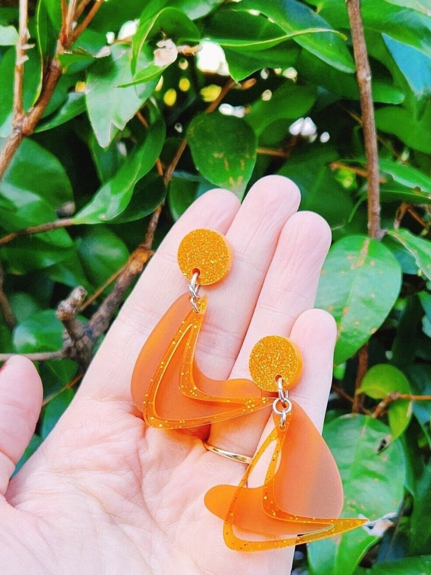 Mid Century Modern Boomerang Earrings. Atomic Motifs. 1950’s style Earrings. Atomic Space Age. Retro Style. Orange Sparkle and Frost Acrylic - Rockabilly Australia Pty Ltd