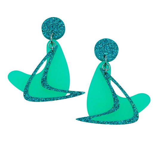 Mid Century Modern Boomerang Earrings. Atomic Motifs. 1950’s style Earrings. Atomic Space Age. Retro Style. Teal Sparkle and Frost Acrylic - Rockabilly Australia Pty Ltd