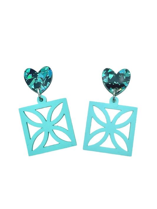 Mint/Green Breeze Block Earrings. Flower style Breeze Blocks. Acrylic dangle earrings. Mid Century Modern Style Earrings. 1950s - Rockabilly Australia Pty Ltd