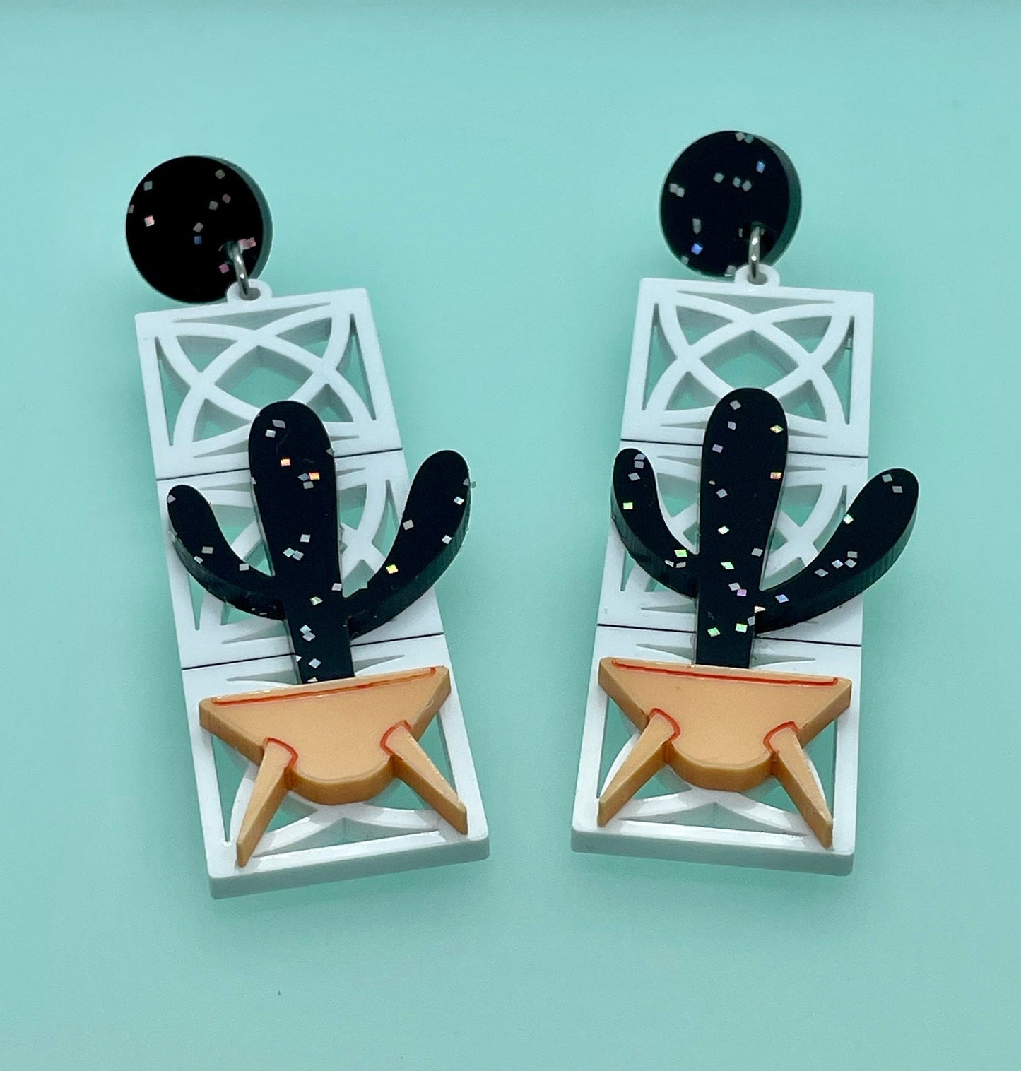 Moonlight Cactus & Breeze Block Acrylic Earrings, Atomic Breeze Blocks, Sputnik pot, Palm Springs Style, 1960’s - Rockabilly Australia Pty Ltd