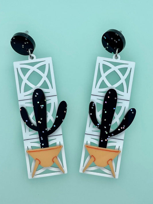 Moonlight Cactus & Breeze Block Acrylic Earrings, Atomic Breeze Blocks, Sputnik pot, Palm Springs Style, 1960’s - Rockabilly Australia Pty Ltd