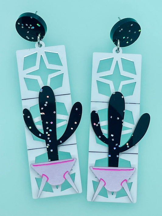 Moonlight Cactus & Breeze Block Acrylic Earrings, Star Breeze Blocks, Sputnik, Mid Century Modern Earrings, Palm Springs Style, Cactus, VLV - Rockabilly Australia Pty Ltd