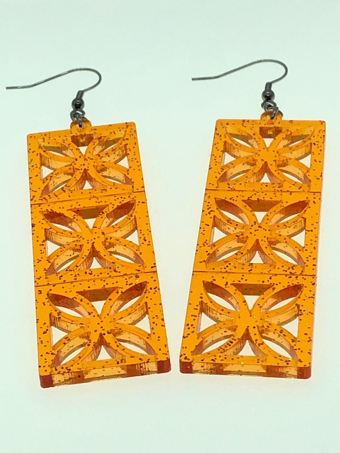 Orange Sparkle Breeze Block Earrings. Flower style Breeze Blocks. Acrylic dangle earrings. MCM Style Earrings. Vintage Palm Springs style. - Rockabilly Australia Pty Ltd