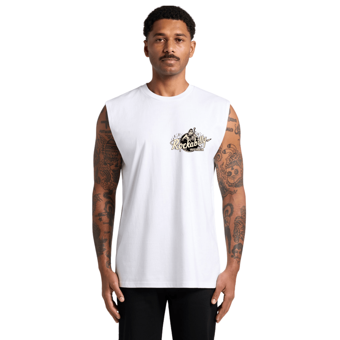 Rockabilly Australia Men's Crew Tank Top with Cream Logo in White (5073) - Rockabilly Australia Pty Ltd