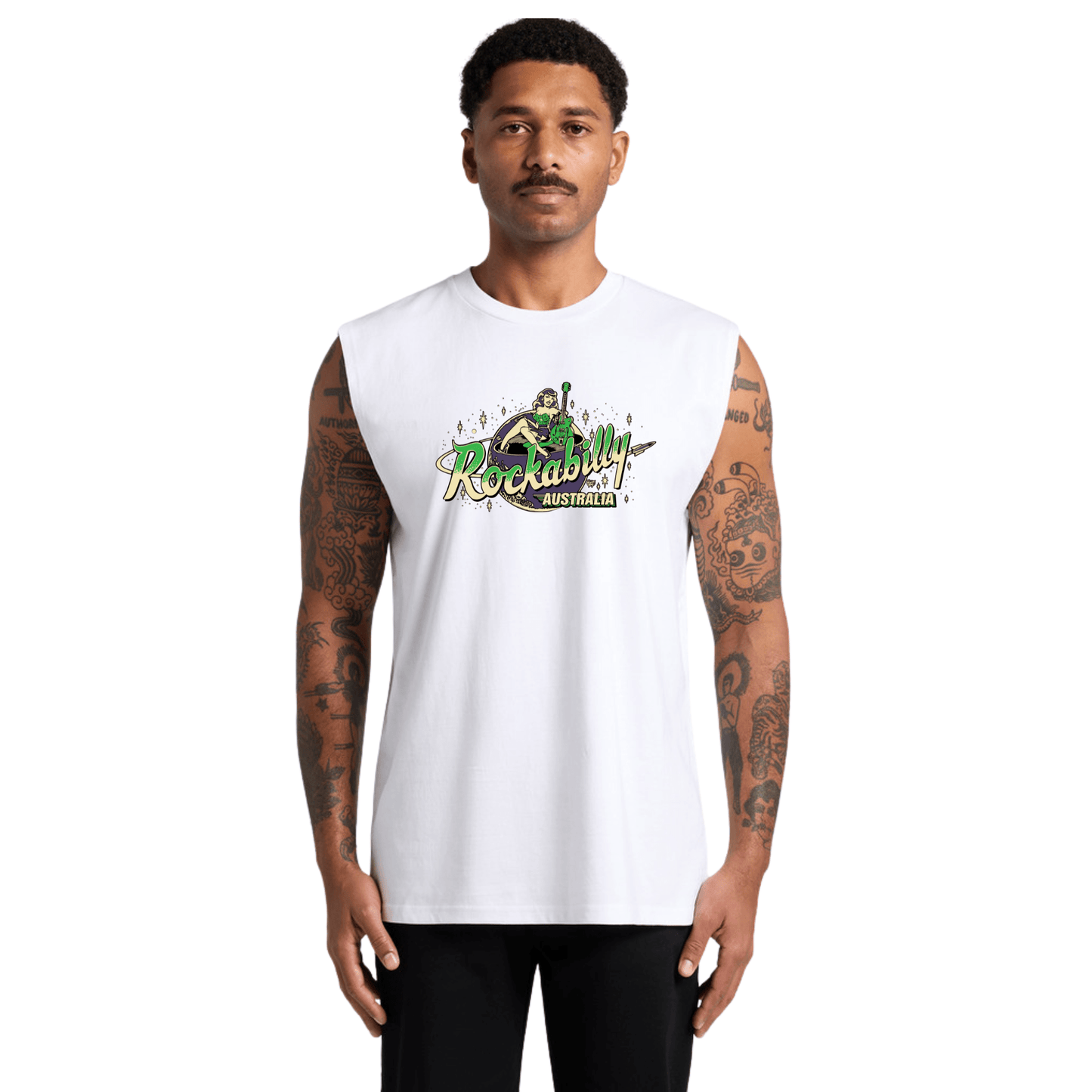 Rockabilly Australia Men's Tank Top with Colour Logo in White (5073) - Rockabilly Australia Pty Ltd