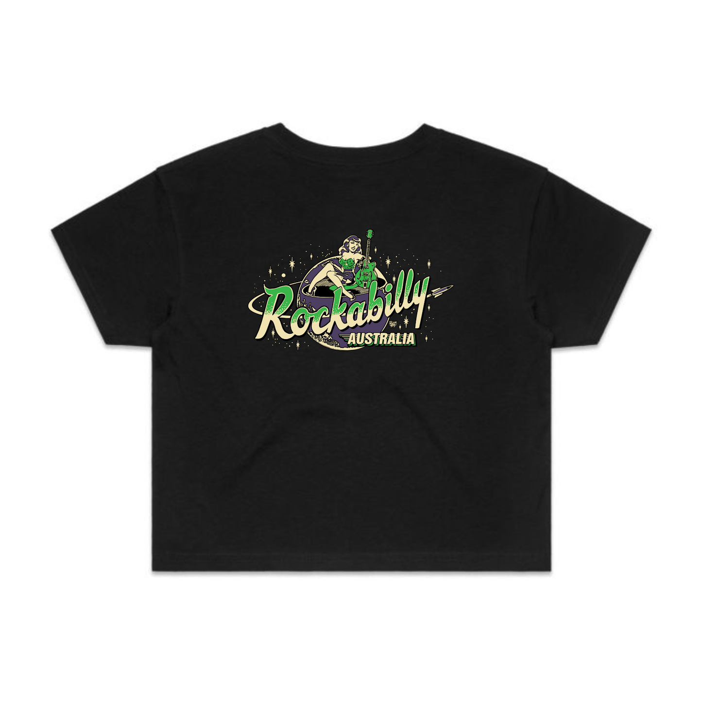 Rockabilly Australia Women’s Crop Crew Tee with Colour Logo in Black (4062) - Rockabilly Australia Pty Ltd