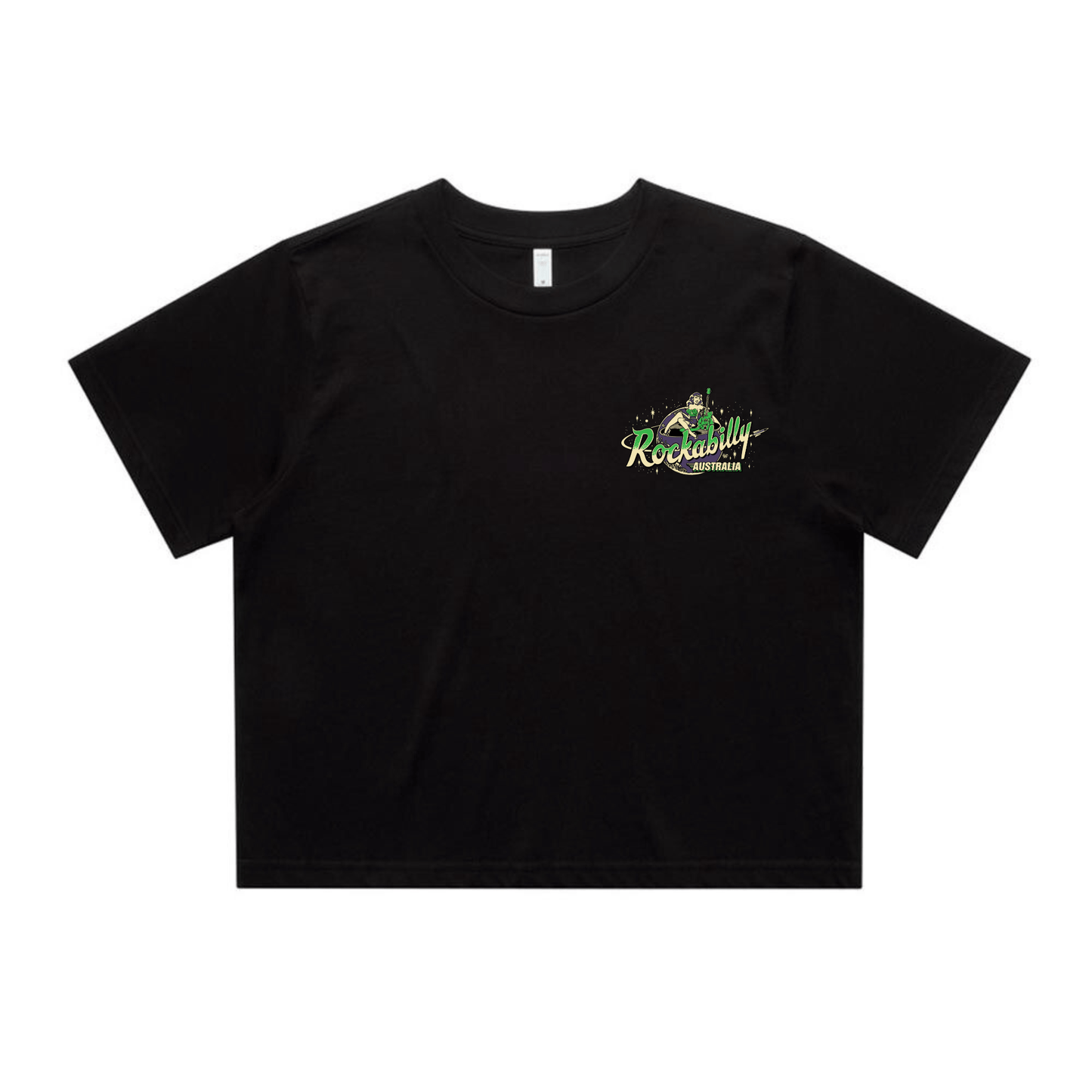 Rockabilly Australia Women’s Crop Crew Tee with Colour Logo in Black (4062) - Rockabilly Australia Pty Ltd