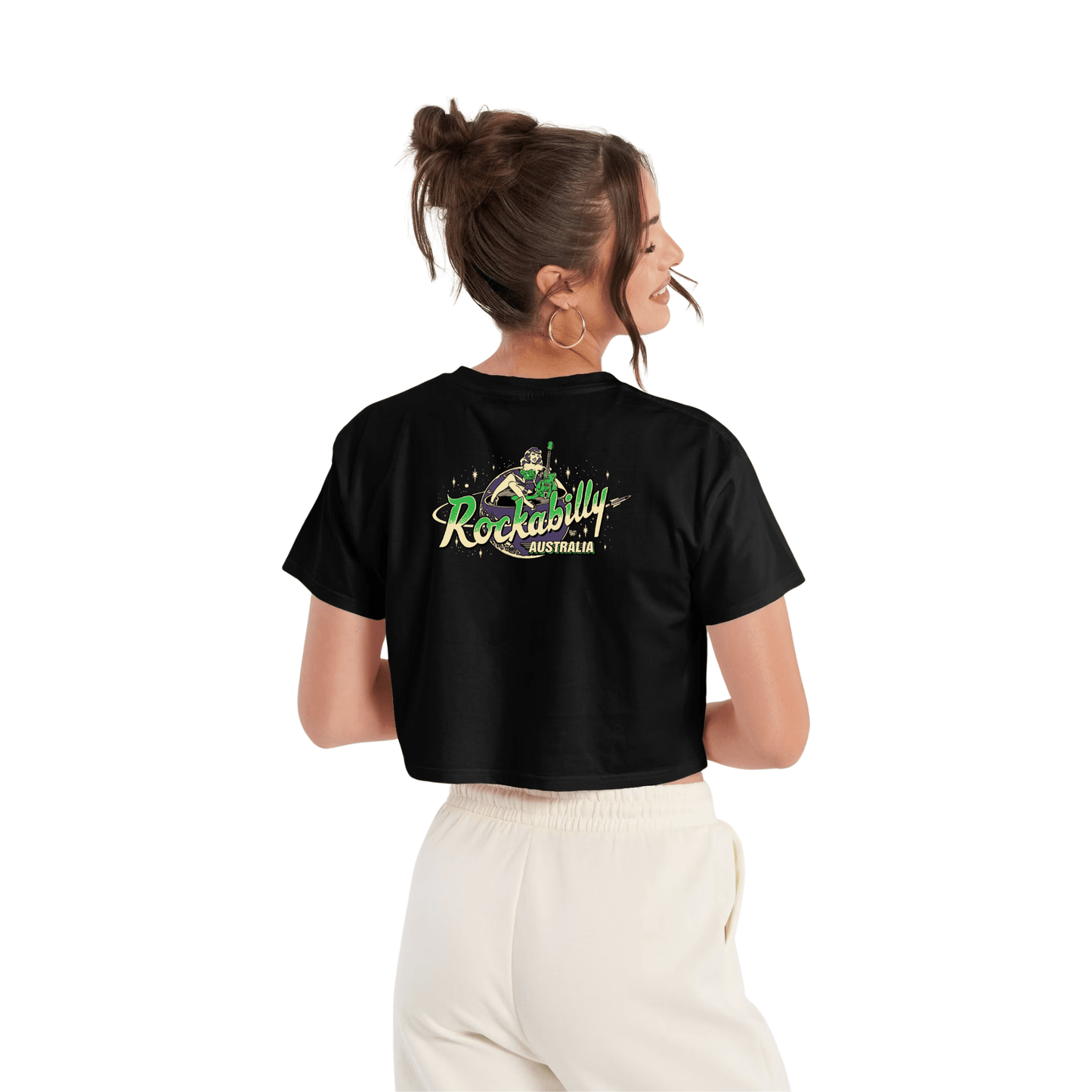Rockabilly Australia Women’s Crop Crew Tee with Colour Logo in Black (4062) - Rockabilly Australia Pty Ltd