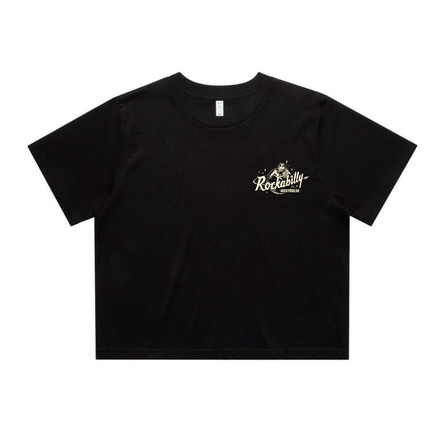 Rockabilly Australia Women’s Crop Crew Tee with Cream Logo in Black (4062) - Rockabilly Australia Pty Ltd