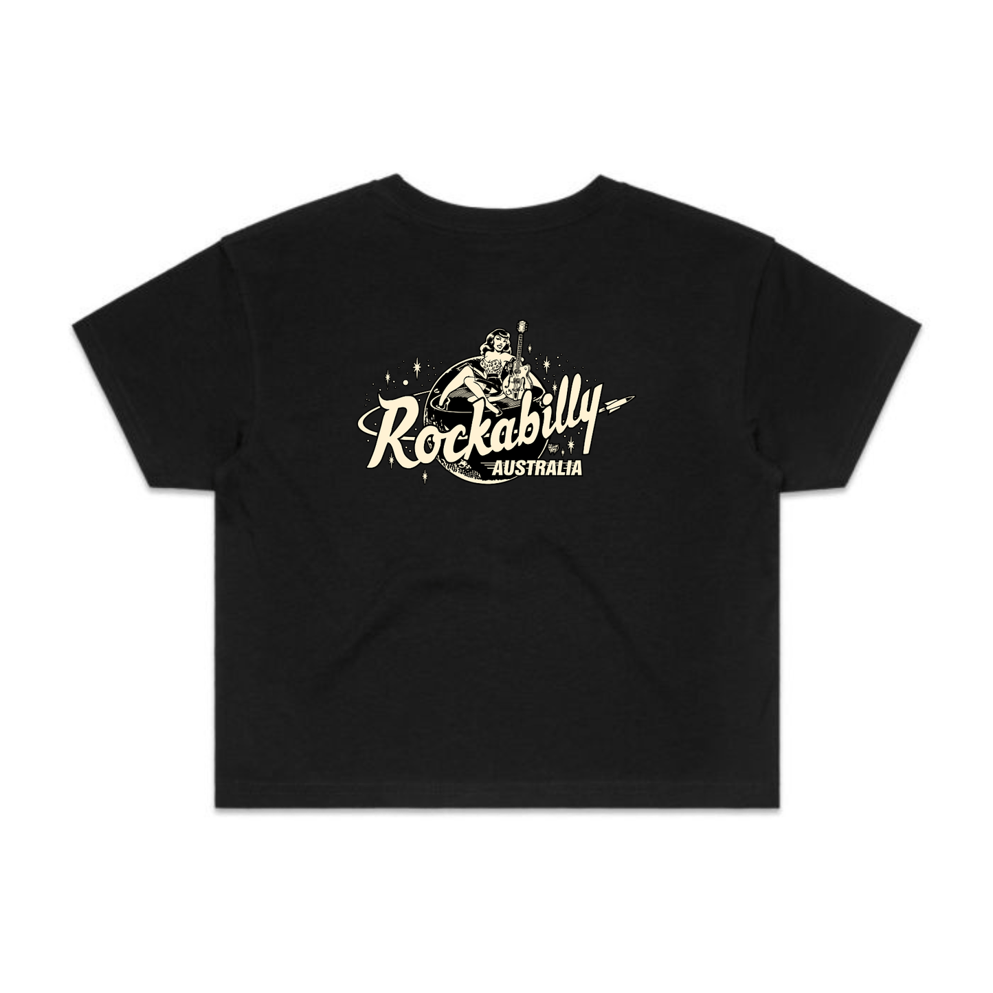 Rockabilly Australia Women’s Crop Crew Tee with Cream Logo in Black (4062) - Rockabilly Australia Pty Ltd