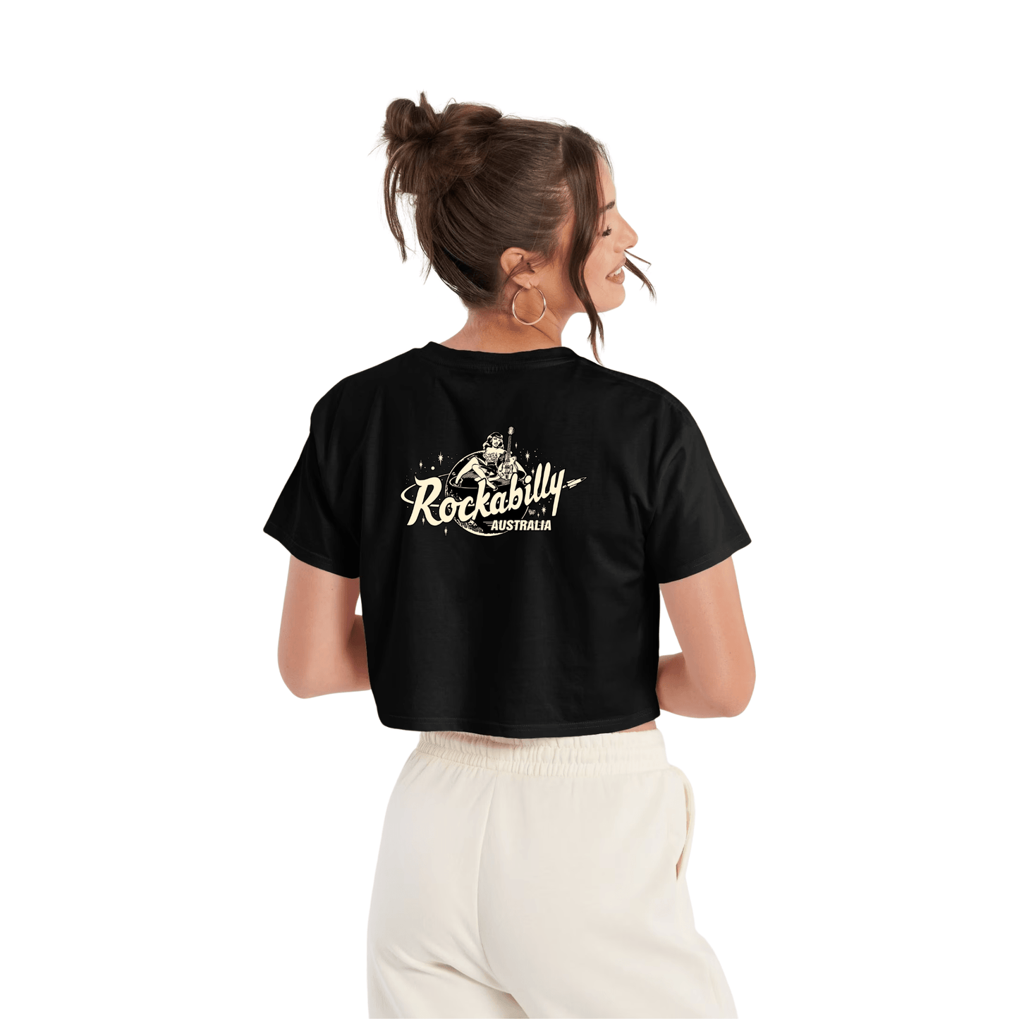 Rockabilly Australia Women’s Crop Crew Tee with Cream Logo in Black (4062) - Rockabilly Australia Pty Ltd