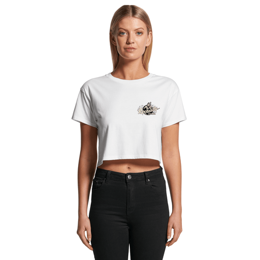 Rockabilly Australia Women’s Crop Crew Tee with Cream Logo in White (4062) - Rockabilly Australia Pty Ltd