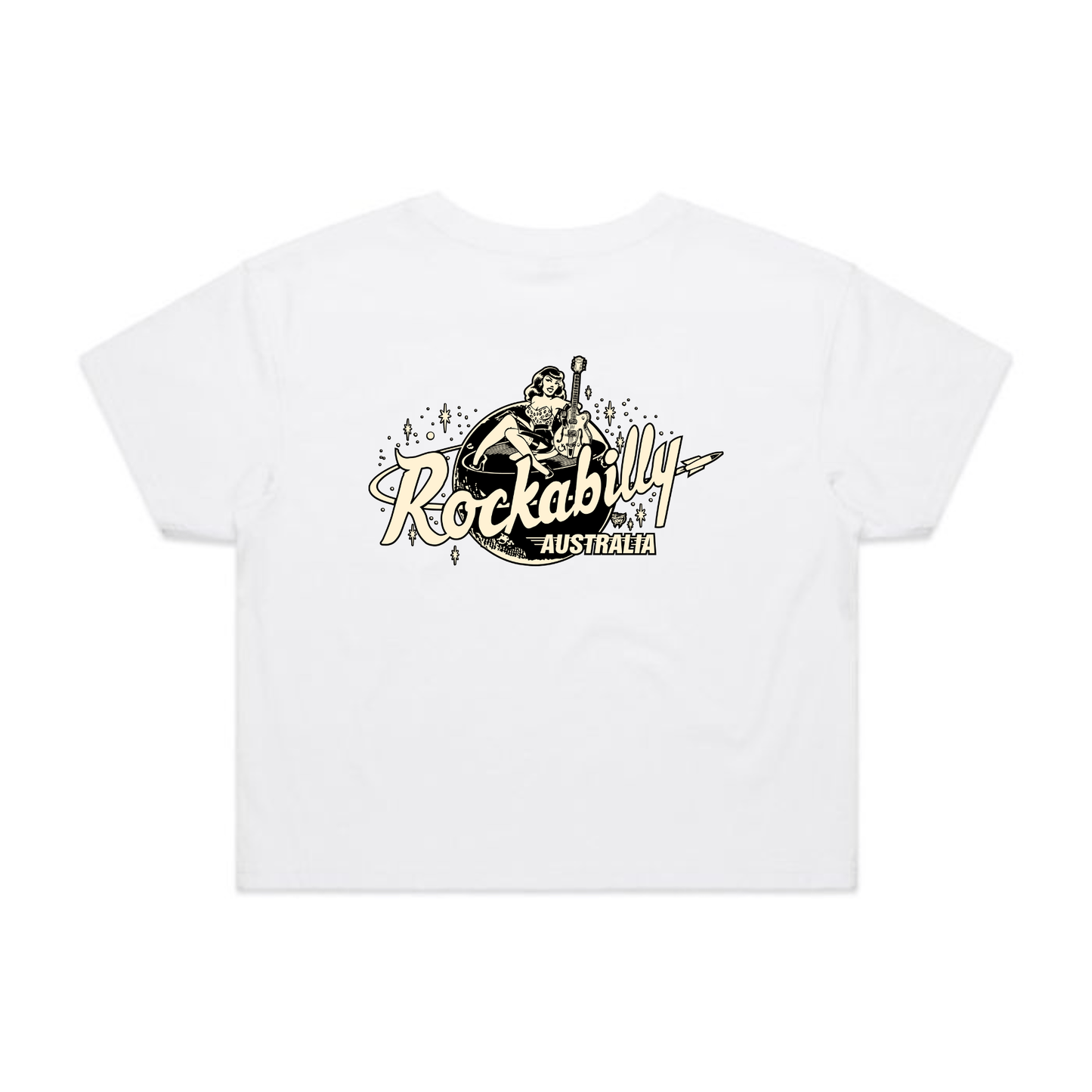 Rockabilly Australia Women’s Crop Crew Tee with Cream Logo in White (4062) - Rockabilly Australia Pty Ltd