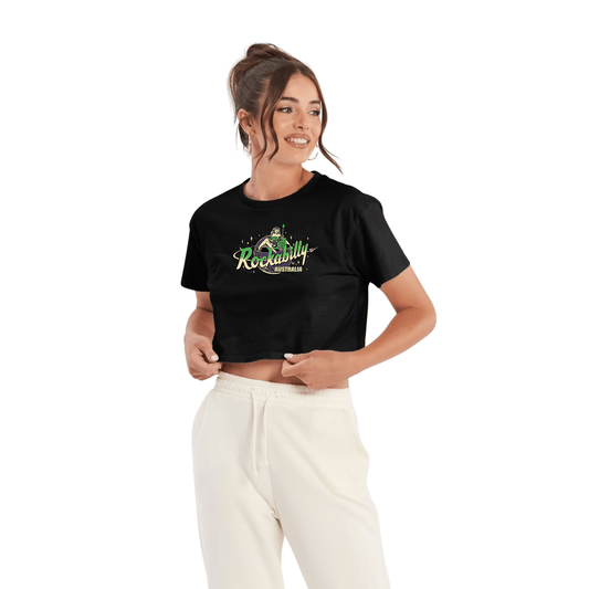 Rockabilly Australia Women’s Crop Tee with Colour Logo in Black (4062) - Rockabilly Australia Pty Ltd
