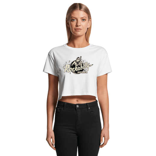 Rockabilly Australia Women’s Crop Tee with Cream Logo in White (4062) - Rockabilly Australia Pty Ltd