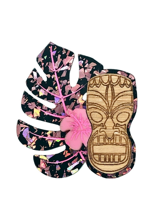 Tiki Brooch, Acrylic & Bamboo Tiki Brooch, Monstera Leaf Tiki Pin, Hawaiian Hibiscus Flower Tiki Brooch, MCM Tiki Style, 1950’s - Rockabilly Australia Pty Ltd