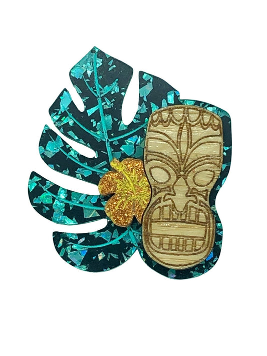 Tiki Brooch, Acrylic & Bamboo Tiki Brooch, Monstera Leaf Tiki Pin, Orange Hawaiian Hibiscus Flower Tiki Brooch, MCM Tiki Style, 1950’s - Rockabilly Australia Pty Ltd