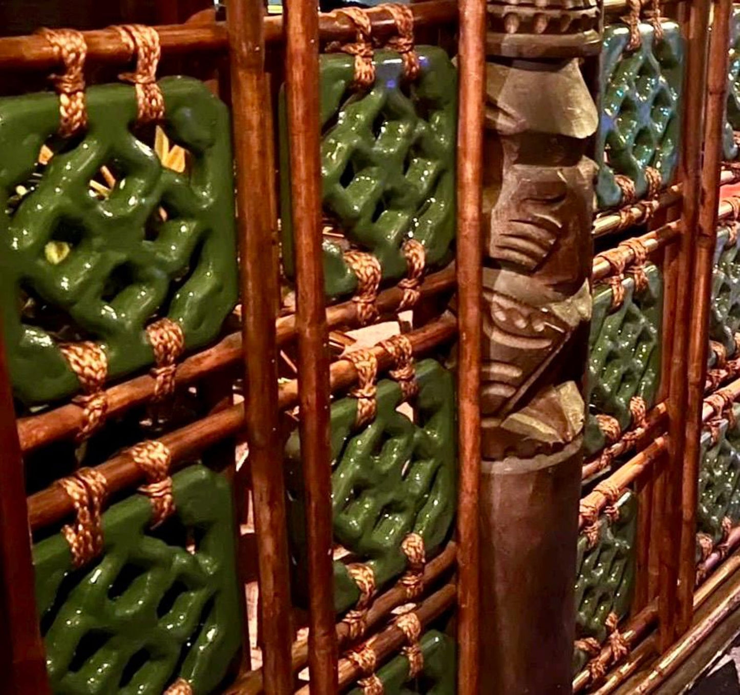 Tiki Chinese Jade Tile Style Breeze Block Earrings. Emerald Sparkle Acrylic Statement Earrings. MCM Style. Breeze Block Earrings. Tiki Bars. - Rockabilly Australia Pty Ltd