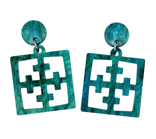 Tiki Chinese Jade Tile Style Breeze Block Earrings. Emerald Sparkle Acrylic Statement Earrings. MCM Style. Breeze Block Earrings. Tiki Bars. - Rockabilly Australia Pty Ltd