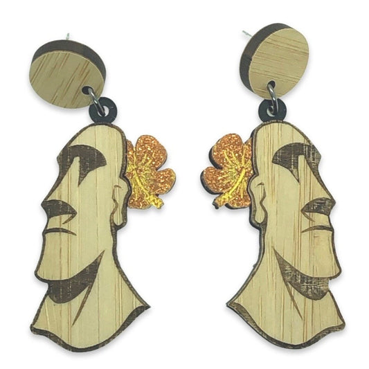Tiki Moai Earrings, Bamboo & Acrylic Tiki Earrings, Orange Hibiscus Flower, MCM Style, Tiki Bar Exotica, Hawaiian 1950’s Tiki Style. Maui. - Rockabilly Australia Pty Ltd