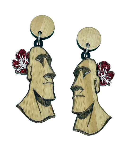 Tiki Moai Earrings, Bamboo & Acrylic Tiki Earrings, Red Hibiscus Flower, MCM style, Tiki Bar Exotica, Hawaiian 1950’s Tiki Style. Maui. - Rockabilly Australia Pty Ltd
