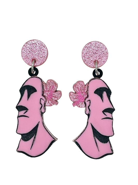 Tiki Moai Earrings, Pink Acrylic Tiki Earrings, Pink Hibiscus Flower, MCM style, Tiki Bar Exotica, Hawaiian 1950’s Tiki Style. Moai Love - Rockabilly Australia Pty Ltd
