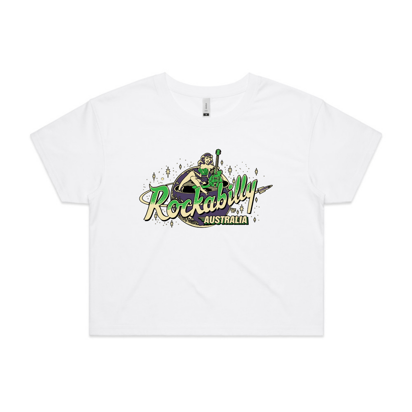 Rockabilly Australia Women’s Crop Tee with Colour Logo in White (4062)