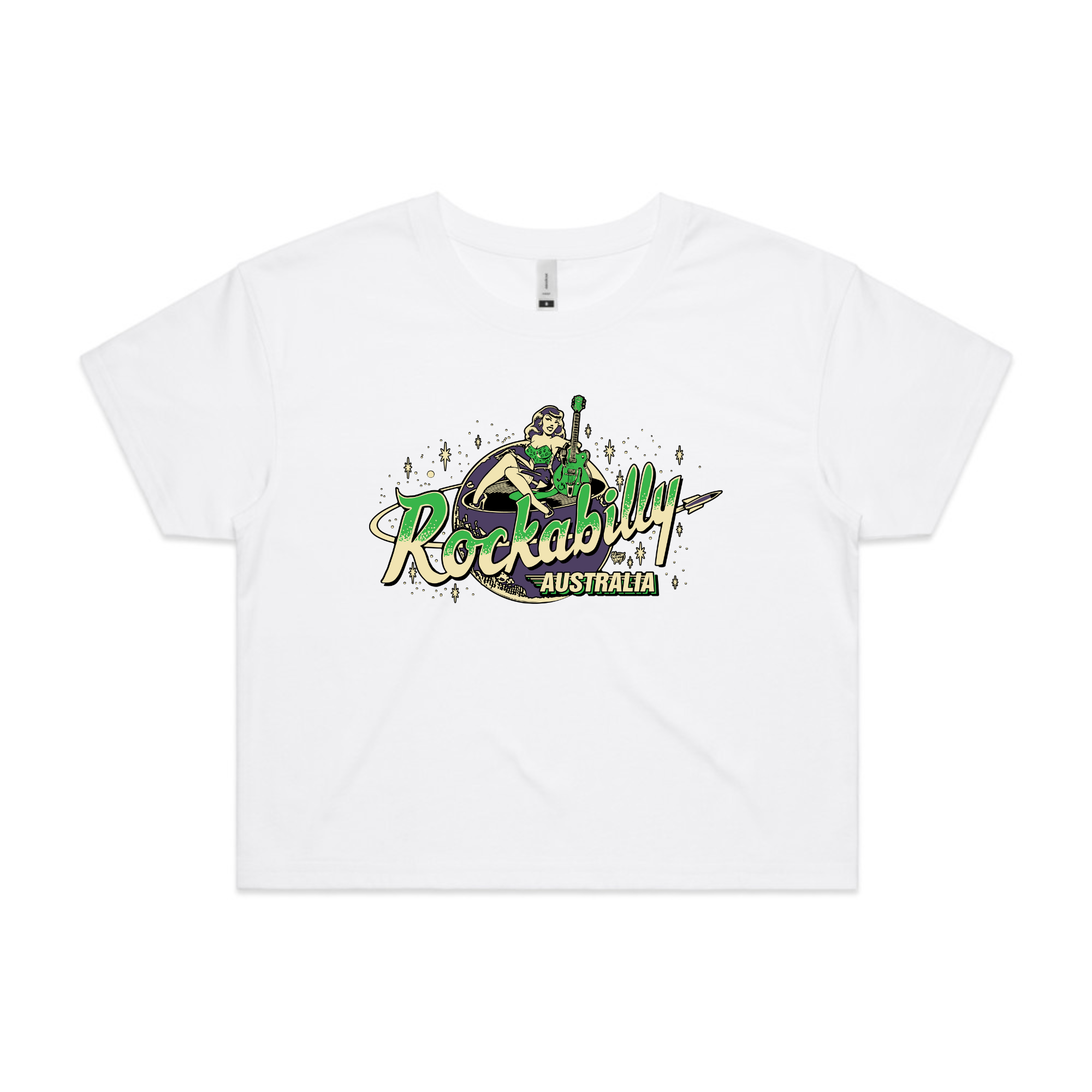 Rockabilly Australia Women’s Crop Tee with Colour Logo in White (4062)
