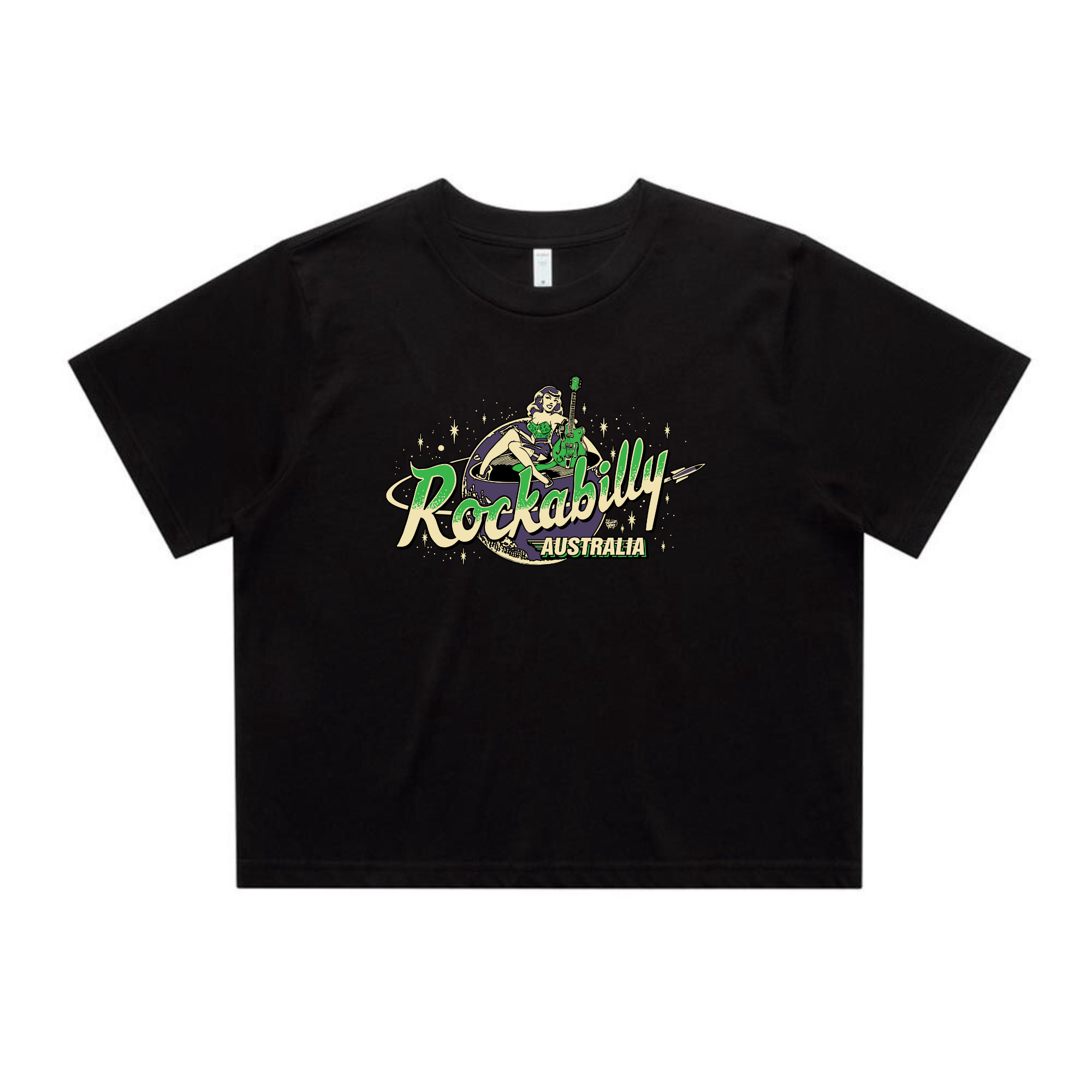 Rockabilly Australia Women’s Crop Tee with Colour Logo in Black (4062)