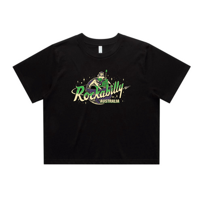 Rockabilly Australia Women’s Crop Tee with Colour Logo in Black (4062)