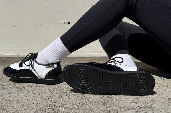 Ladies, Classic, Brogue, Wingtip, Black Patent And White Leather, with Dual Pivot Point, Spin Spots and Ultra flexible Smooth Sole, Dance Shoe. - (7821BW) - Rockabilly Australia Pty Ltd