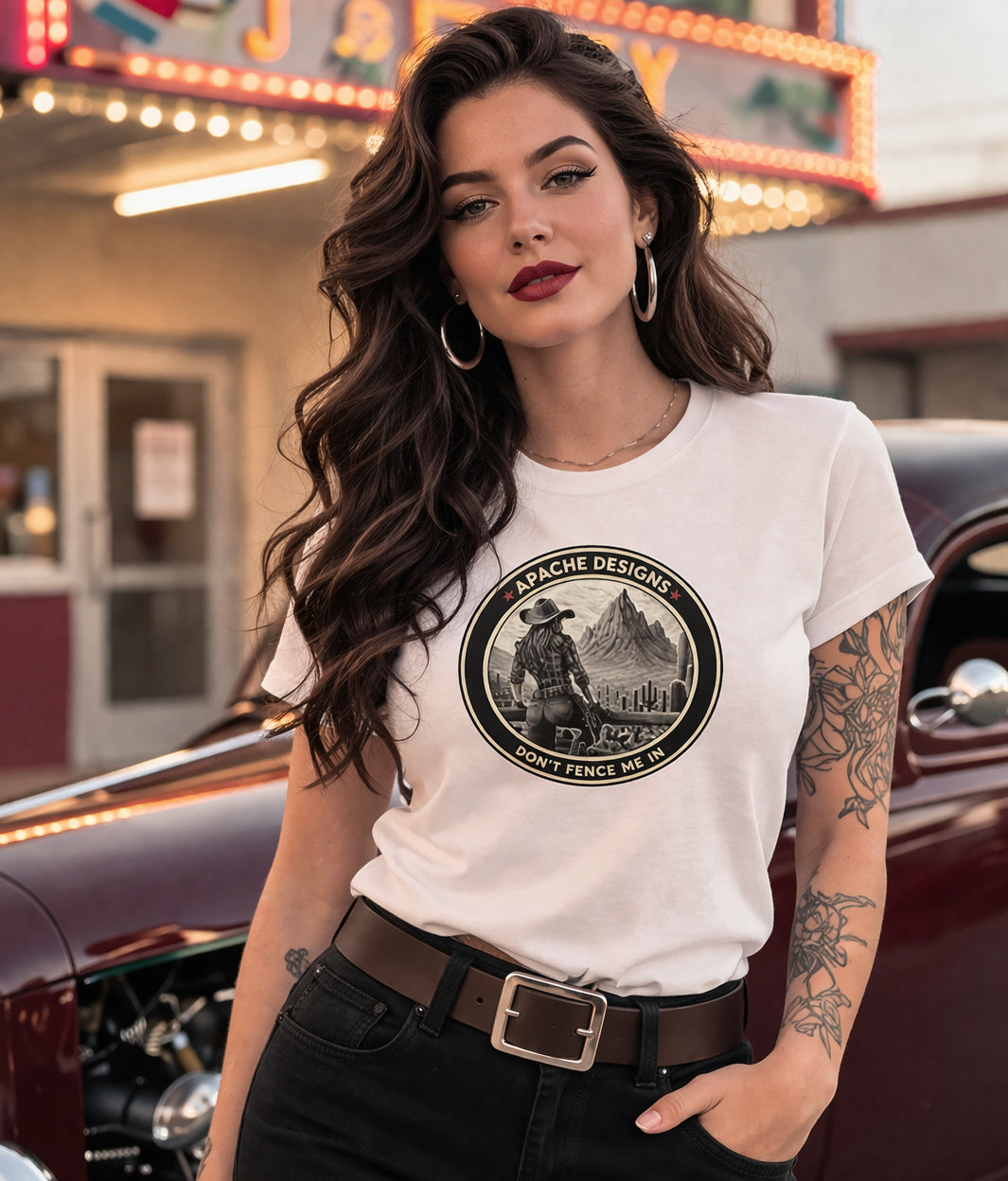 Ladies "Don't Fence Me In" Tee - Apache Designs - Rockabilly Australia Pty Ltd