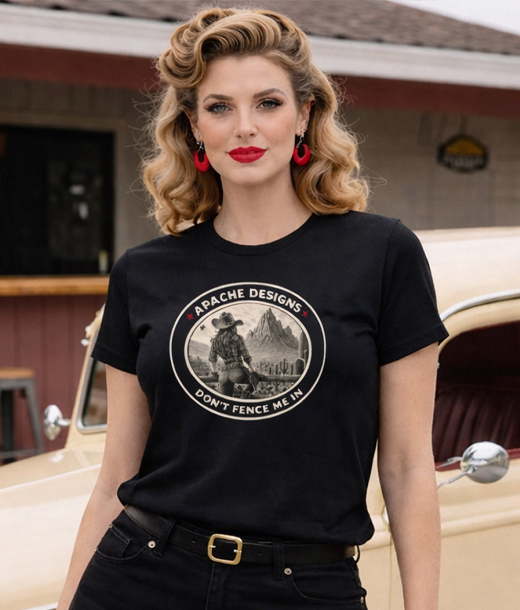 Ladies "Don't Fence Me In" Tee - Apache Designs - Rockabilly Australia Pty Ltd