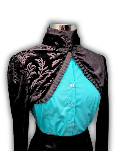 Ruby De Vine Black Velvet Bolero handmade on the Gold Coast featuring a Chinese-style collar, pleated frill trim and traditional frog closure.