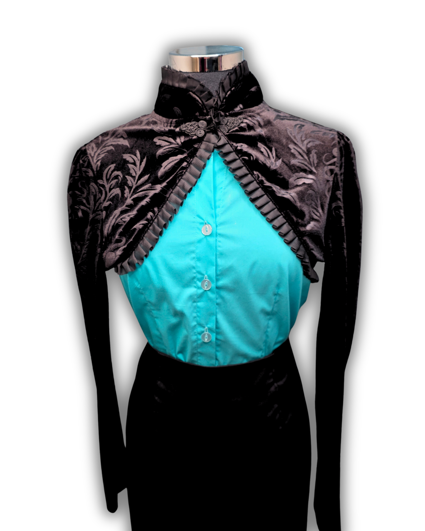 Ruby De Vine Black Velvet Bolero handmade on the Gold Coast featuring a Chinese-style collar, pleated frill trim and traditional frog closure.