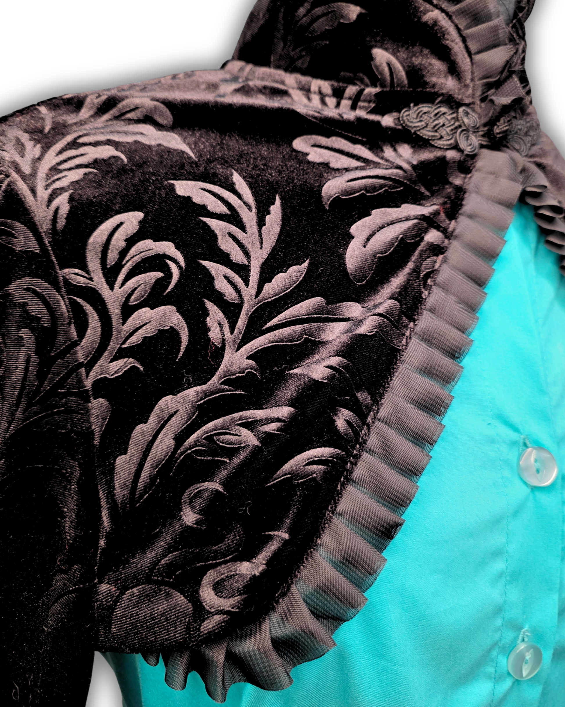 Ruby De Vine Black Velvet Bolero handmade on the Gold Coast featuring a Chinese-style collar, pleated frill trim and traditional frog closure.