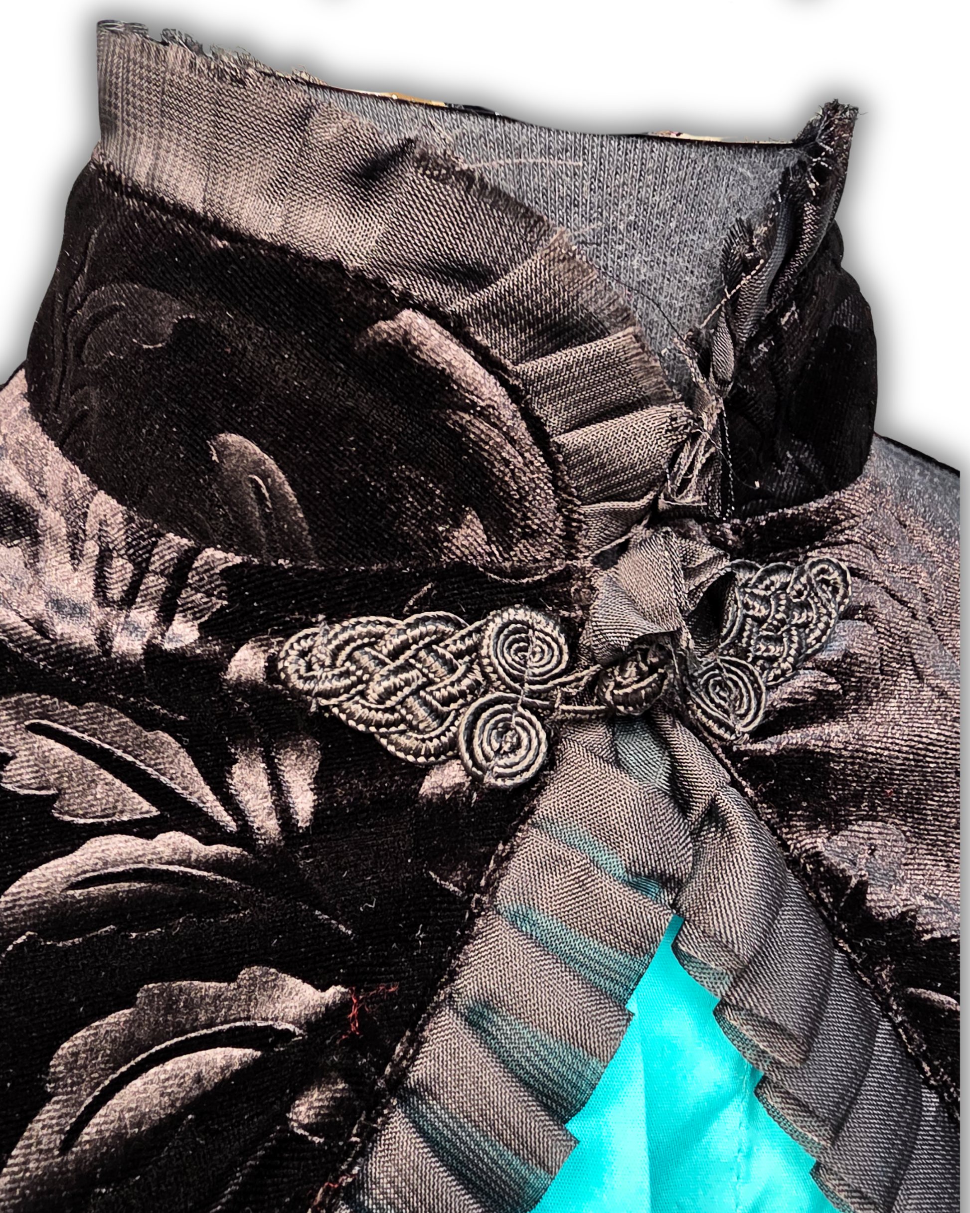 Ruby De Vine Black Velvet Bolero handmade on the Gold Coast featuring a Chinese-style collar, pleated frill trim and traditional frog closure.