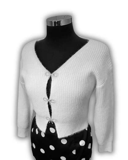 Ruby De Vine ladies fluffy cardigan in red with hand-applied silver diamanté brooch buttons, finished on the Gold Coast, Australia.
