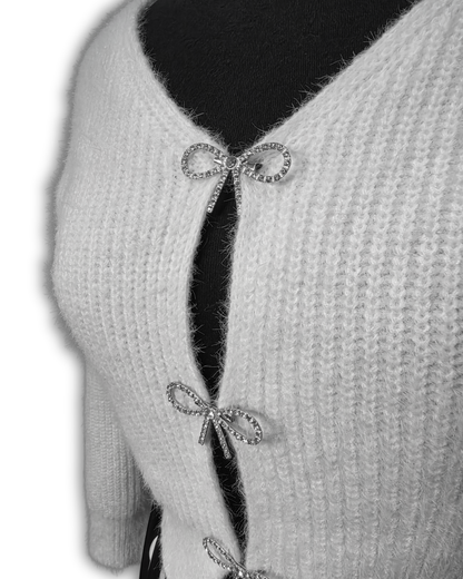 Ruby De Vine ladies fluffy cardigan in red with hand-applied silver diamanté brooch buttons, finished on the Gold Coast, Australia.