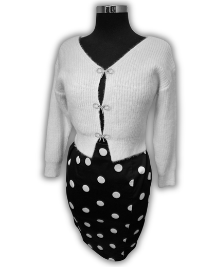 Ruby De Vine ladies fluffy cardigan in red with hand-applied silver diamanté brooch buttons, finished on the Gold Coast, Australia.