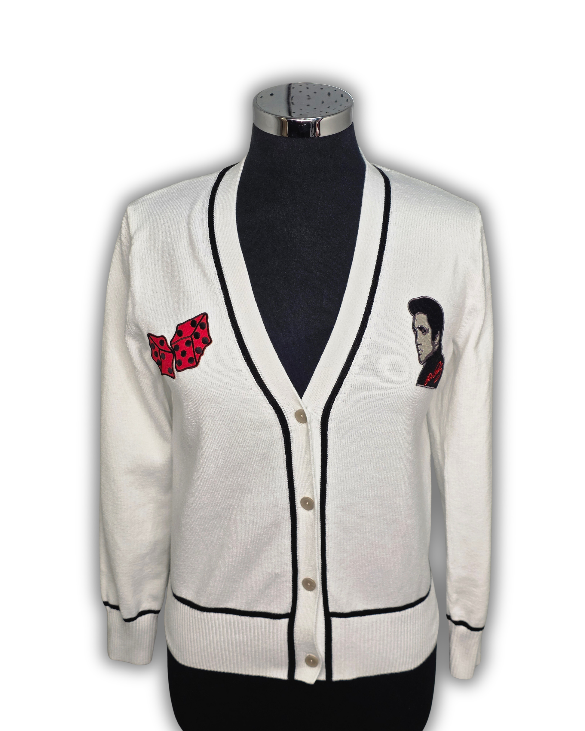 Ruby De Vine ladies rockabilly cardigan in black featuring hand-applied rockabilly-style patch decals, hand embellished on the Gold Coast, Australia.