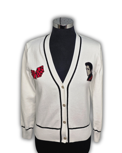 Ruby De Vine ladies rockabilly cardigan in black featuring hand-applied rockabilly-style patch decals, hand embellished on the Gold Coast, Australia.