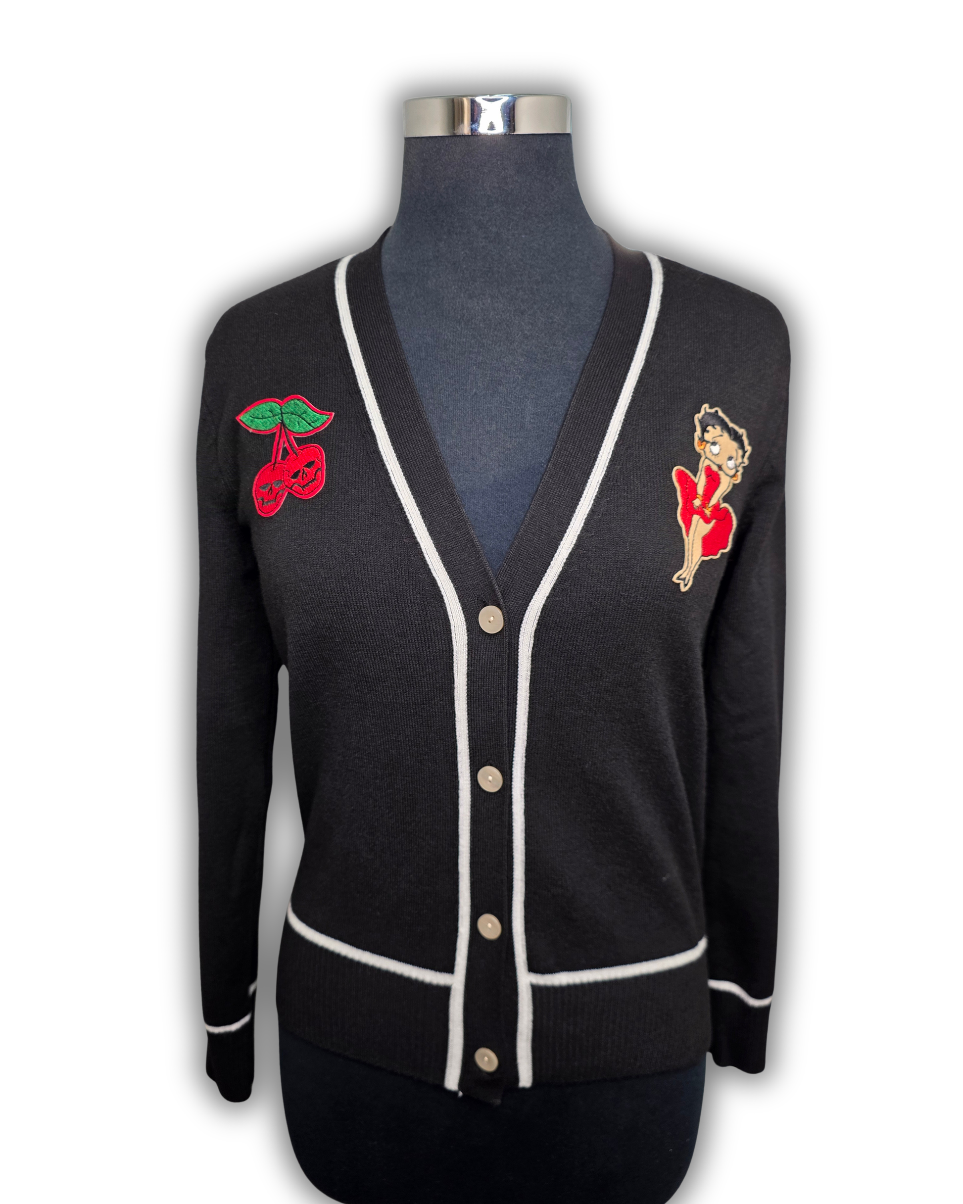 Ruby De Vine ladies rockabilly cardigan in black featuring hand-applied rockabilly-style patch decals, hand embellished on the Gold Coast, Australia.