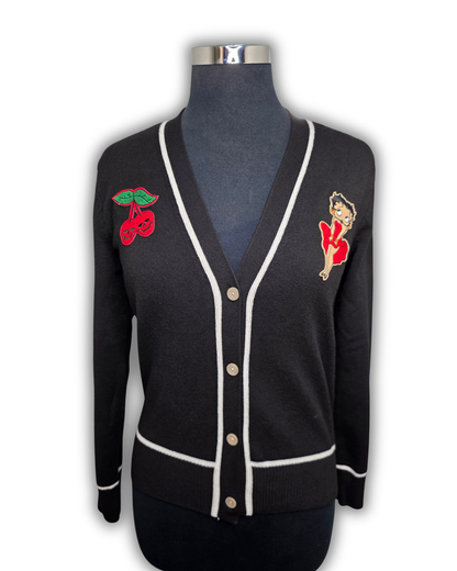 Ruby De Vine ladies rockabilly cardigan in black featuring hand-applied rockabilly-style patch decals, hand embellished on the Gold Coast, Australia.