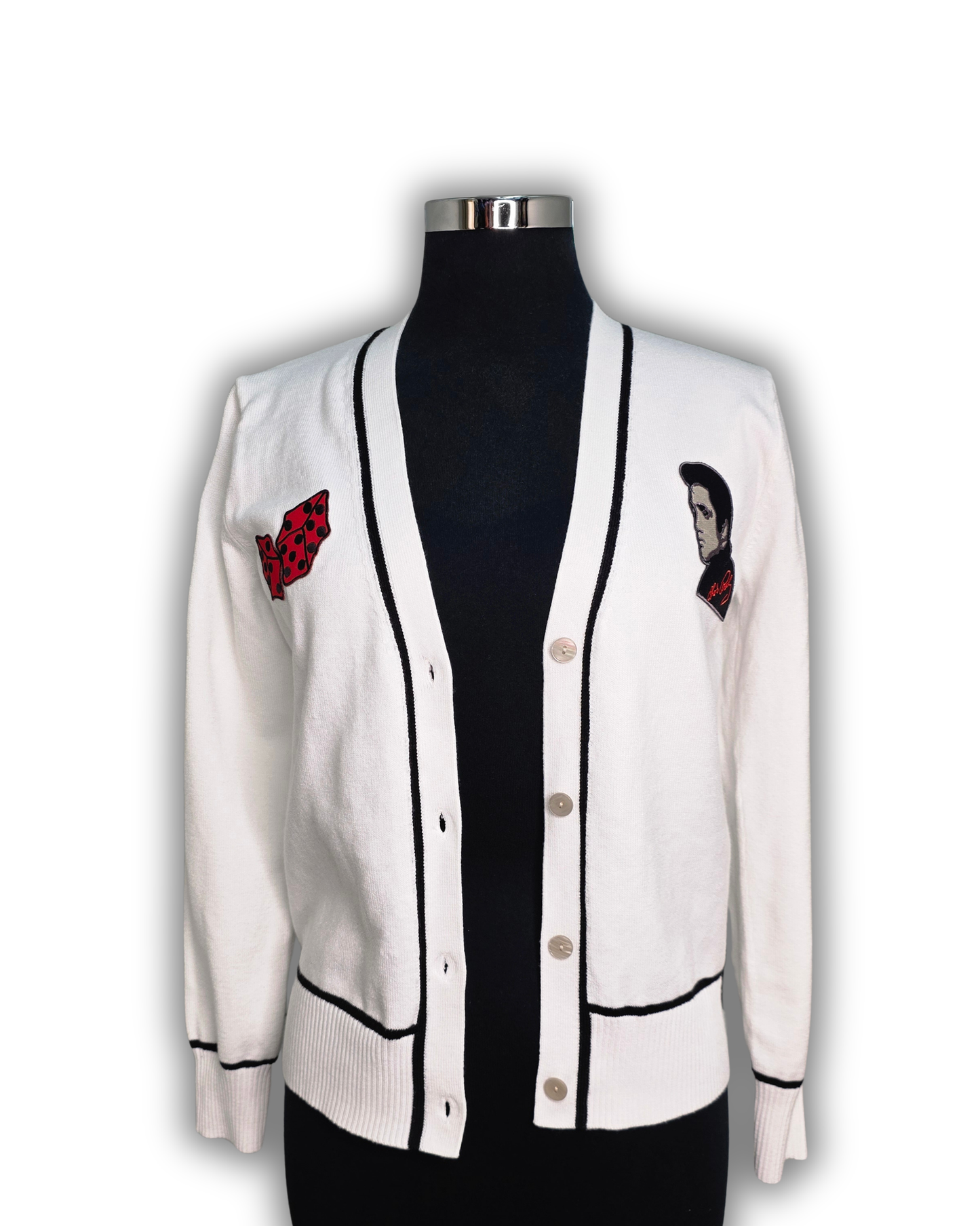 Ruby De Vine ladies rockabilly cardigan in black featuring hand-applied rockabilly-style patch decals, hand embellished on the Gold Coast, Australia.
