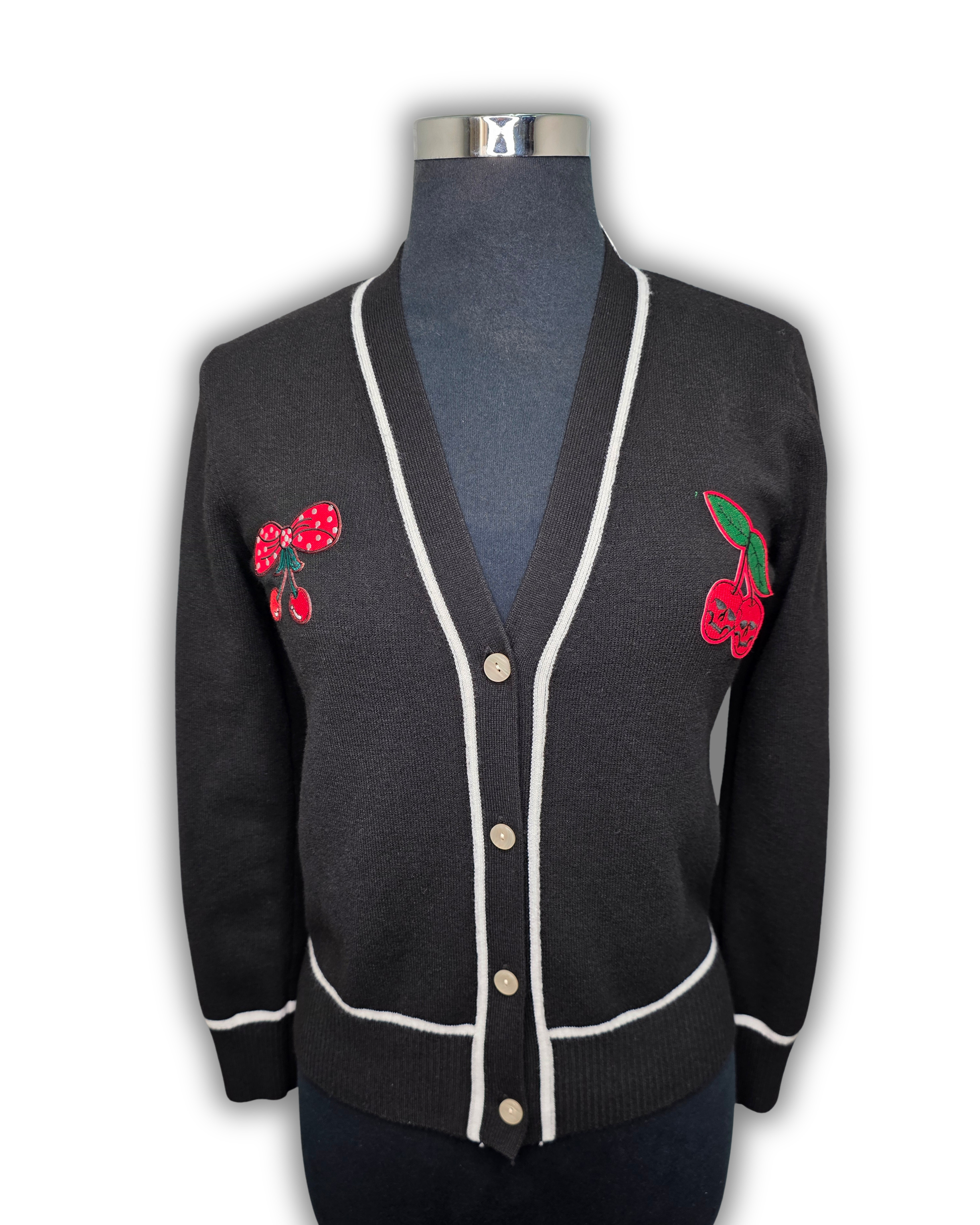 Ruby De Vine ladies rockabilly cardigan in black featuring hand-applied rockabilly-style patch decals, hand embellished on the Gold Coast, Australia.