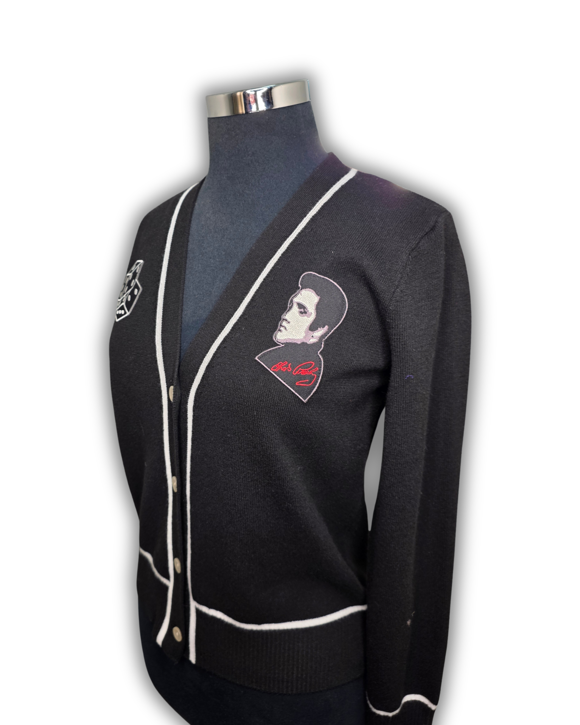 Ruby De Vine ladies rockabilly cardigan in black featuring hand-applied rockabilly-style patch decals, hand embellished on the Gold Coast, Australia.